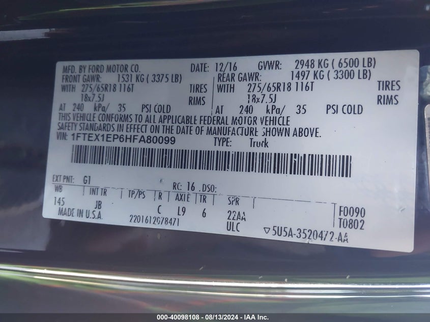 2017 FORD F-150 XLT - 1FTEX1EP6HFA80099