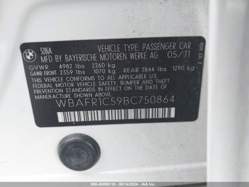 2011 BMW 528I VIN: WBAFR1C59BC750864 Lot: 40098110