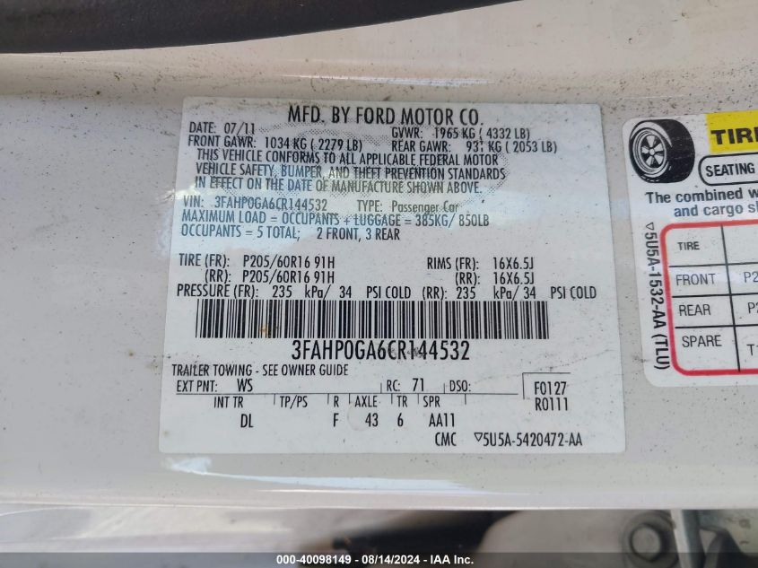 2012 Ford Fusion S VIN: 3FAHP0GA6CR144532 Lot: 40098149