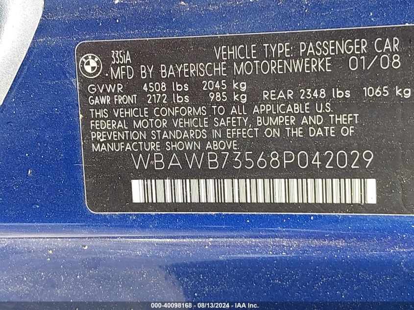 2008 BMW 335I VIN: WBAWB73568P042029 Lot: 40098168