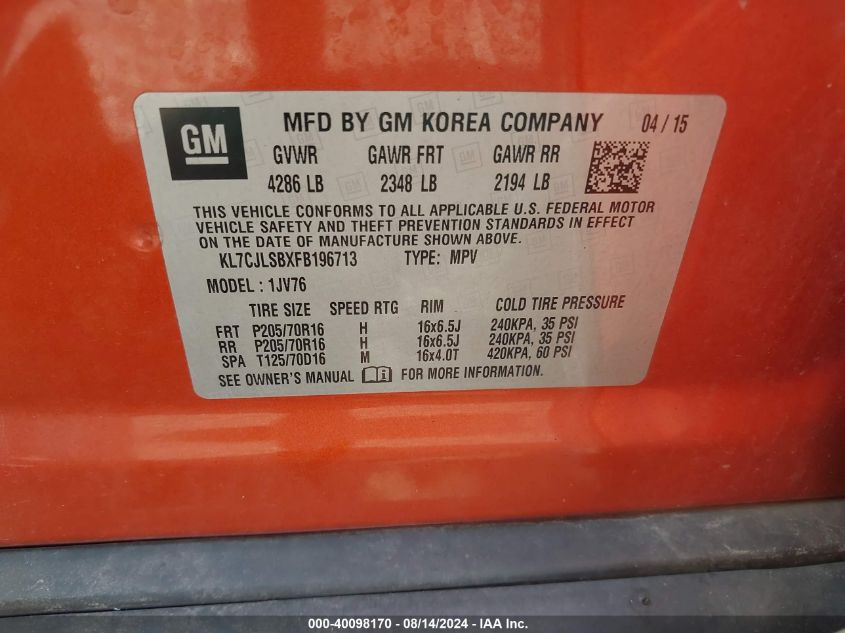 2015 Chevrolet Trax Lt VIN: KL7CJLSBXFB196713 Lot: 40098170