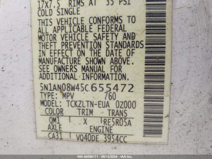 2005 Nissan Xterra Se VIN: 5N1AN08W45C655472 Lot: 40098171