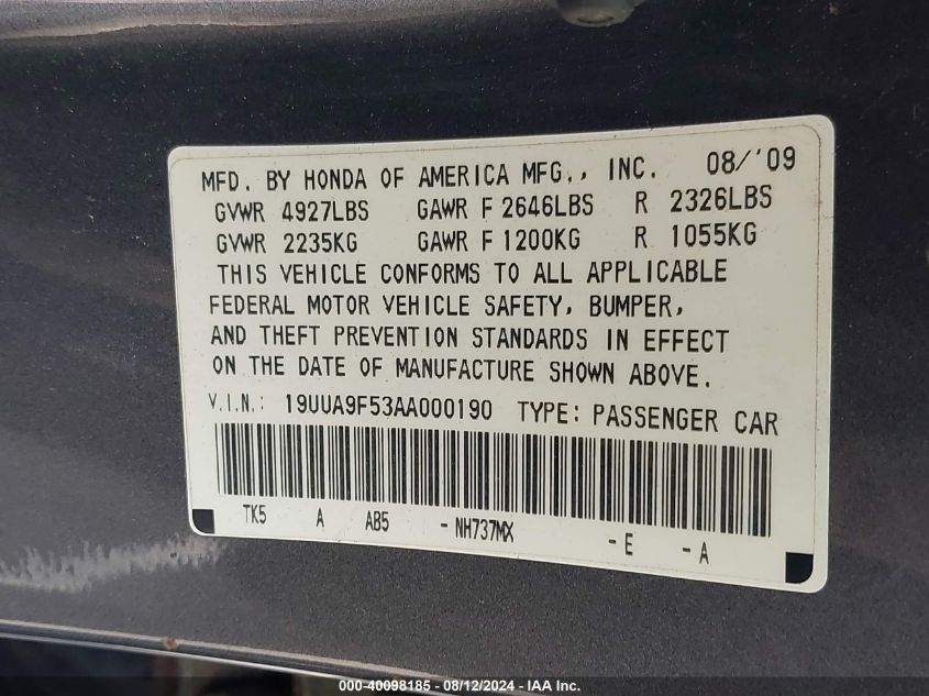 2010 Acura Tl 3.7/Tech Hpt Auto VIN: 19UUA9F53AA000190 Lot: 40098185