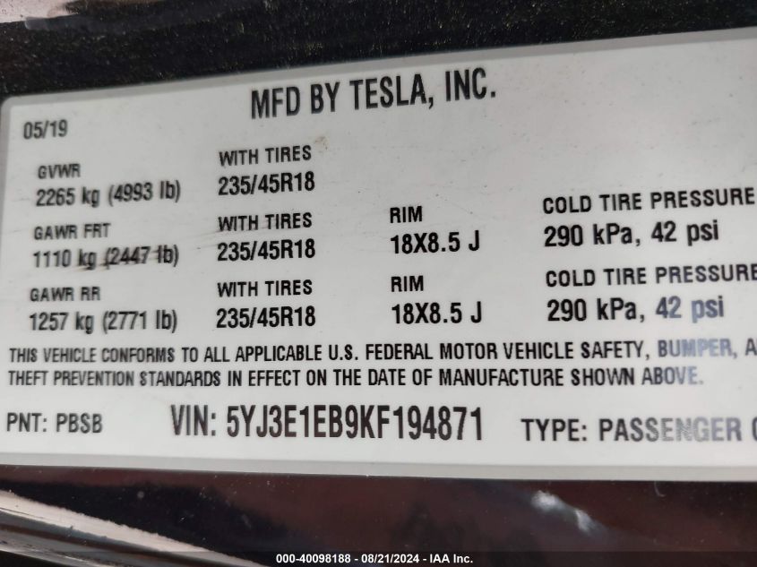 2019 Tesla Model 3 VIN: 5YJ3E1EB9KF194871 Lot: 40098188