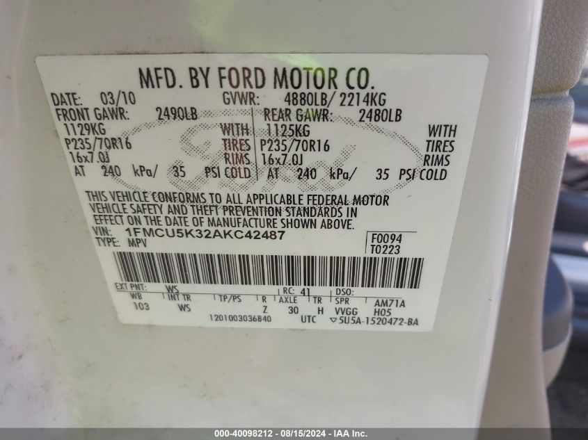 2010 Ford Escape Hybrid VIN: 1FMCU5K32AKC42487 Lot: 40098212