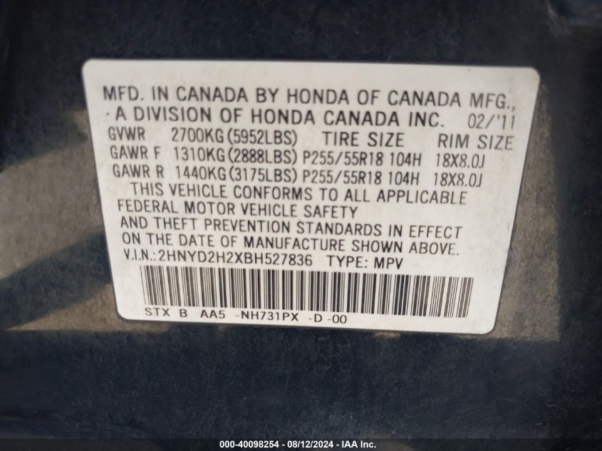 2011 Acura Mdx VIN: 2HNYD2H2XBH527836 Lot: 40098254