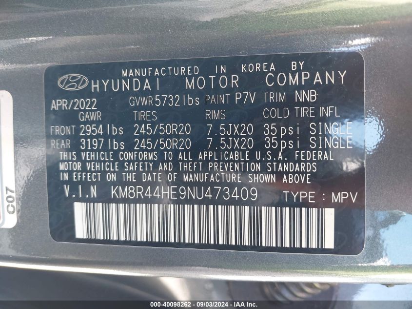 2022 Hyundai Palisade Sel VIN: KM8R44HE9NU473409 Lot: 40098262