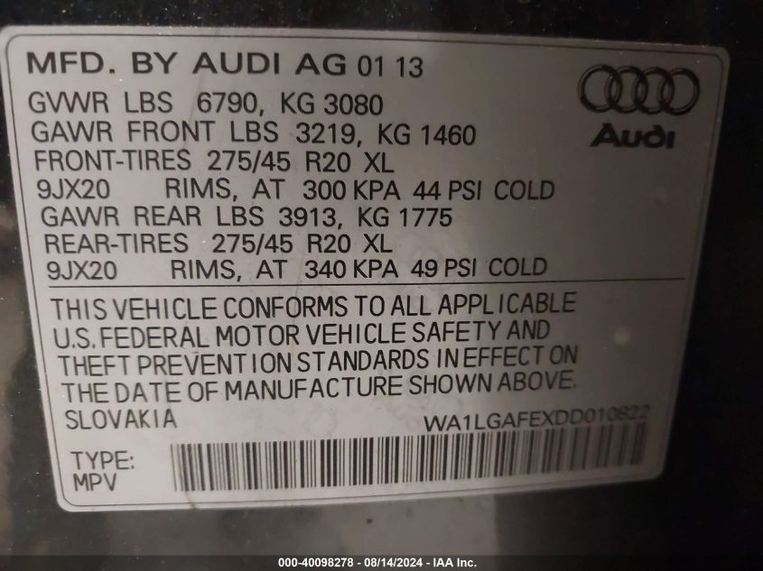 2013 Audi Q7 3.0T Premium VIN: WA1LGAFEXDD010822 Lot: 40098278