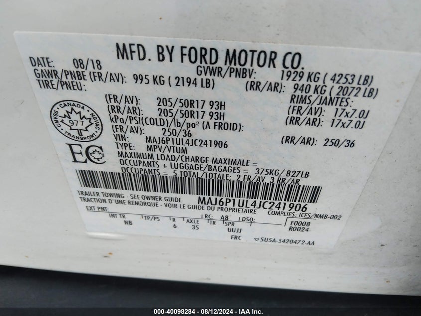 2018 FORD ECOSPORT SE - MAJ6P1UL4JC241906