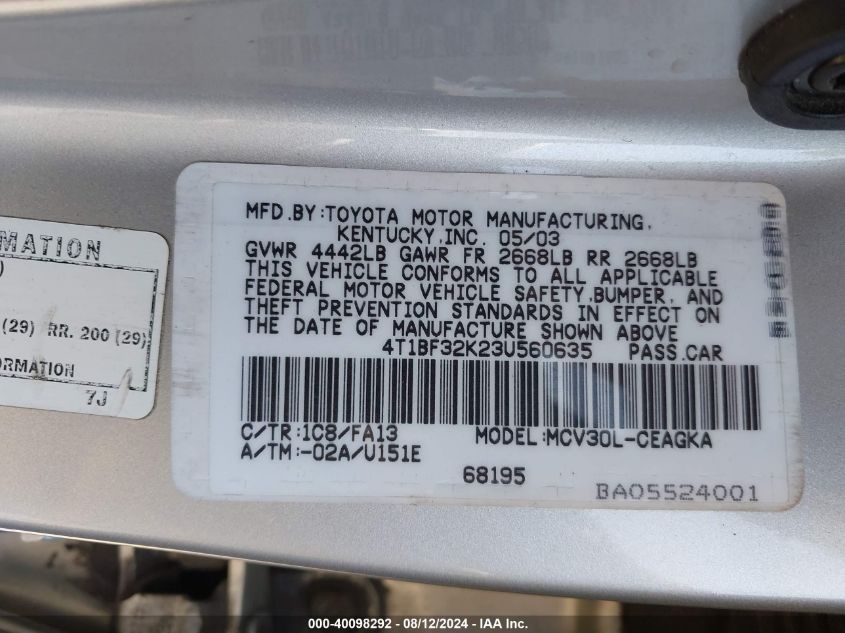 2003 Toyota Camry Xle V6 VIN: 4T1BF32K23U560635 Lot: 40098292