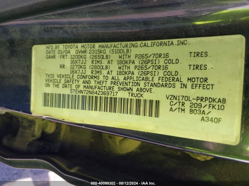 2004 Toyota Tacoma Base V6 VIN: 5TEHN72N84Z369717 Lot: 40098302