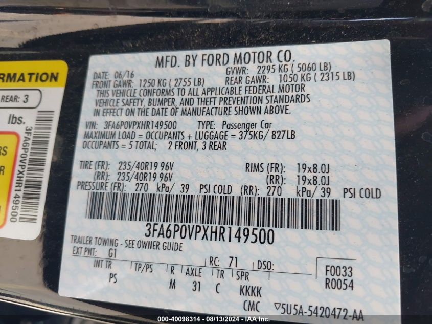 2017 FORD FUSION SPORT - 3FA6P0VPXHR149500