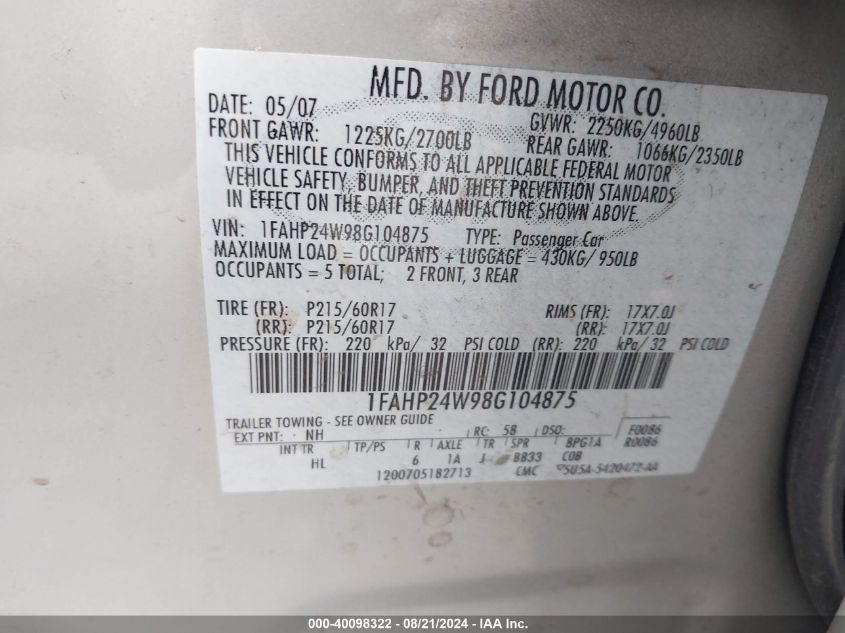 2008 Ford Taurus Sel VIN: 1FAHP24W98G104875 Lot: 40098322