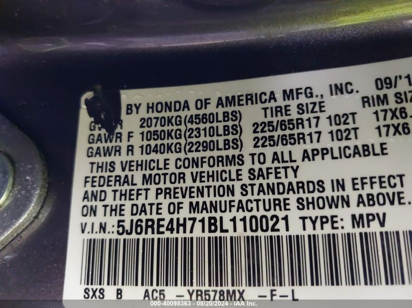 2011 Honda Cr-V Ex-L VIN: 5J6RE4H71BL110021 Lot: 40098363