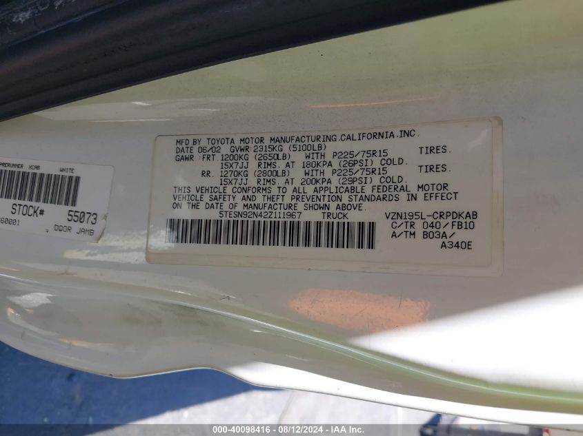 2002 Toyota Tacoma Prerunner V6 VIN: 5TESN92N42Z111967 Lot: 40098416