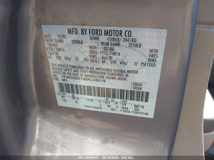 2008 Ford Escape Xlt VIN: 1FMCU03158KC08019 Lot: 40098417