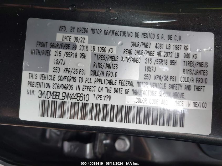 3MVDMBBL9NM445610 2022 Mazda Cx-30 Select