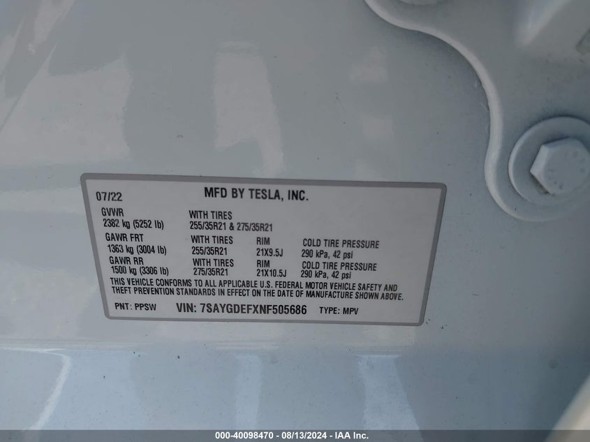 2022 TESLA MODEL Y U   U(VIN: 7SAYGDEFXNF505686