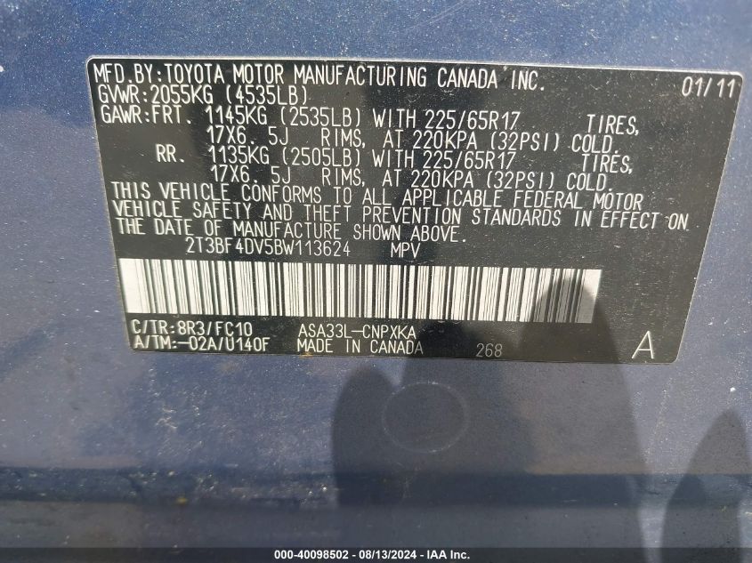 2011 Toyota Rav4 VIN: 2T3BF4DV5BW113624 Lot: 40098502