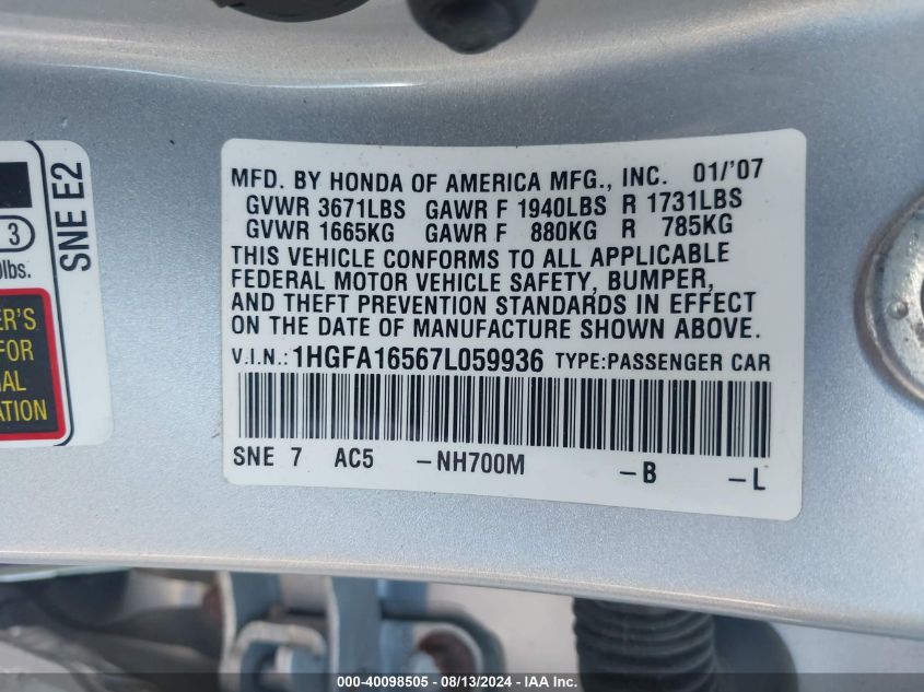 2007 Honda Civic Lx VIN: 1HGFA16567L059936 Lot: 40098505