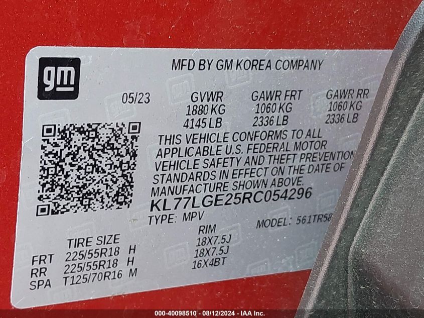 2024 Chevrolet Trax Fwd 1Rs VIN: KL77LGE25RC054296 Lot: 40098510