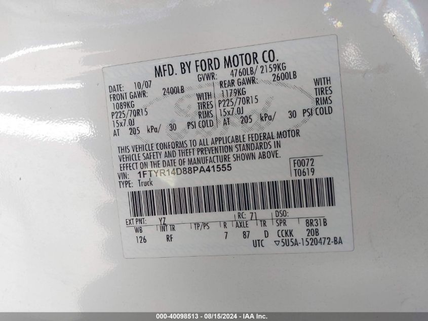 2008 Ford Ranger Super Cab VIN: 1FTYR14D88PA41555 Lot: 40098513