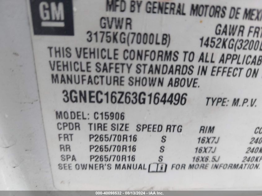 2003 Chevrolet Suburban 1500 Lt VIN: 3GNEC16Z63G164496 Lot: 40098532