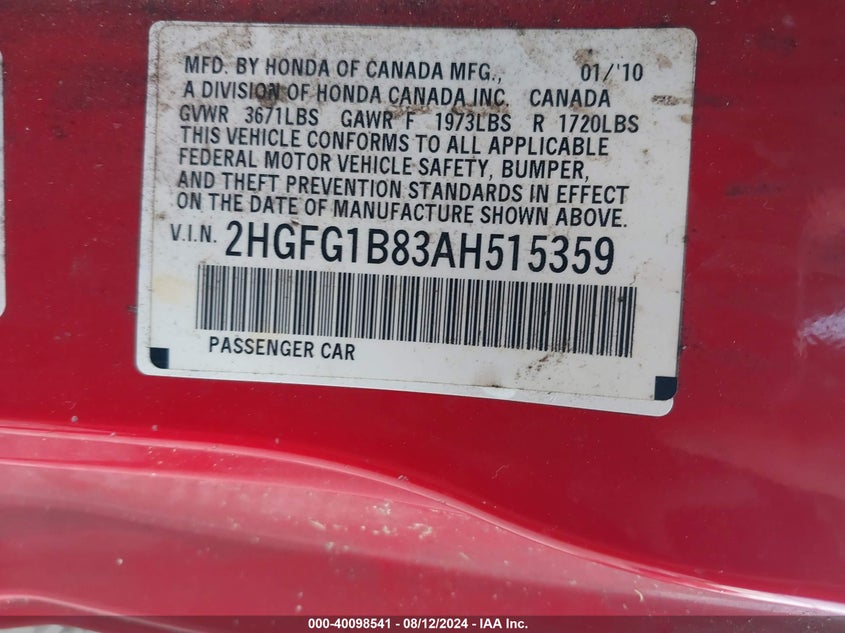 2010 Honda Civic Ex VIN: 2HGFG1B83AH515359 Lot: 40098541