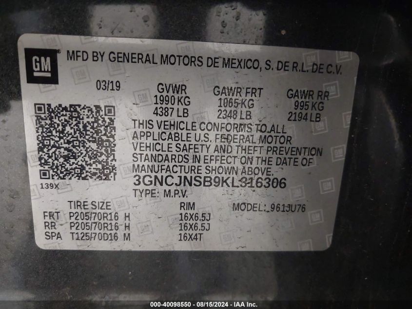 2019 Chevrolet Trax Ls VIN: 3GNCJNSB9KL316306 Lot: 40098550