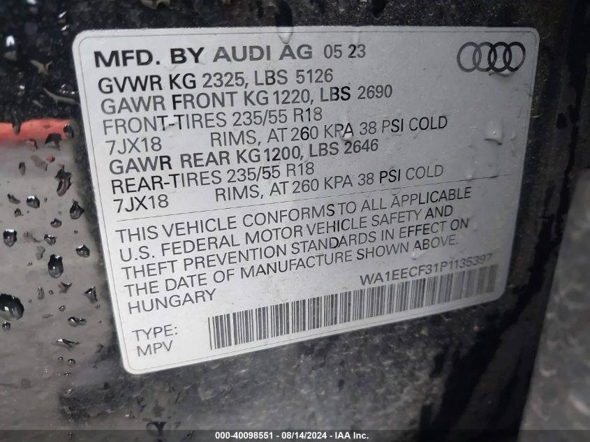 2023 Audi Q3 Premium Plus S Line 45 VIN: WA1EECF31P1135397 Lot: 40098551