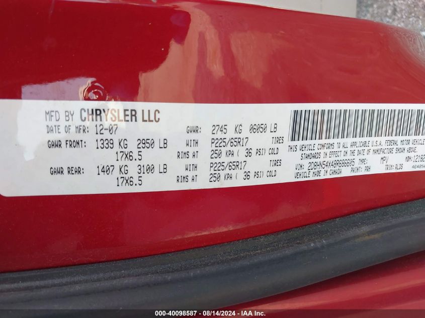 2008 Dodge Grand Caravan Sxt VIN: 2D8HN54X48R686605 Lot: 40098587