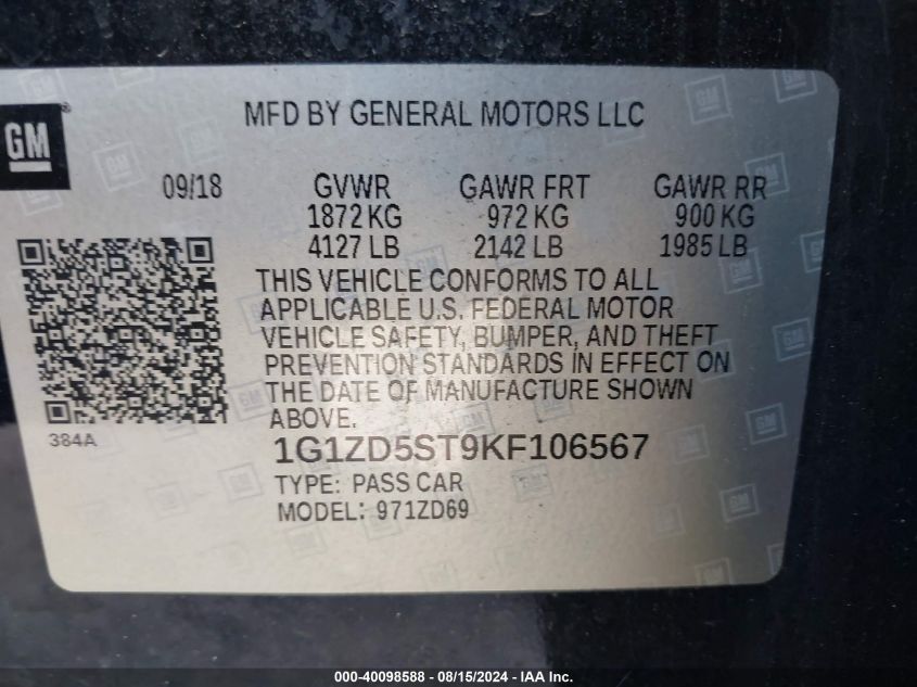 2019 CHEVROLET MALIBU LT - 1G1ZD5ST9KF106567