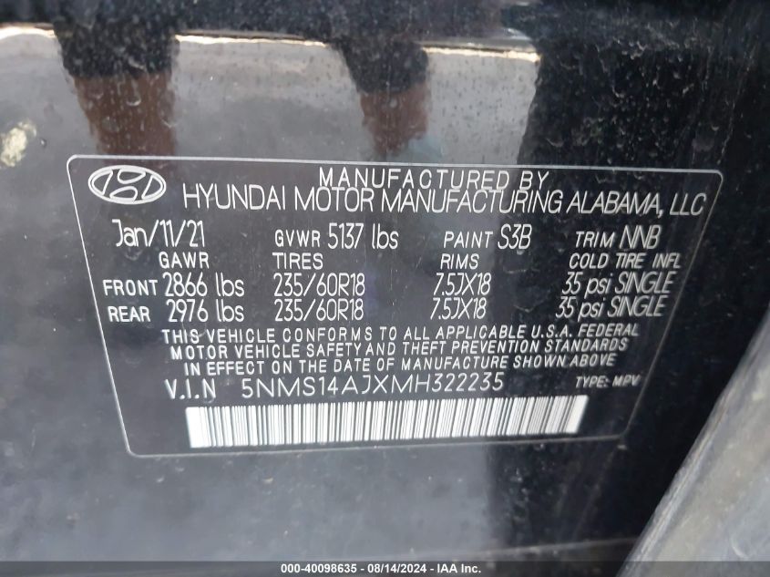 2021 Hyundai Santa Fe Se VIN: 5NMS14AJXMH322235 Lot: 40098635