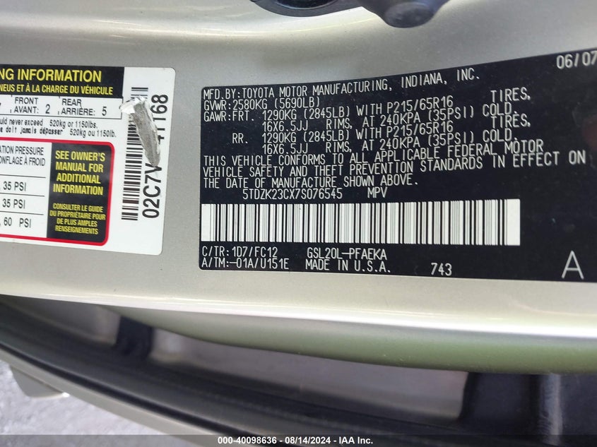 2007 Toyota Sienna Le VIN: 5TDZK23CX7S076545 Lot: 40098636