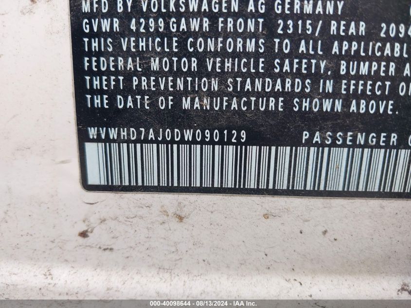 2013 Volkswagen Gti 4-Door VIN: WVWHD7AJ0DW090129 Lot: 40098644