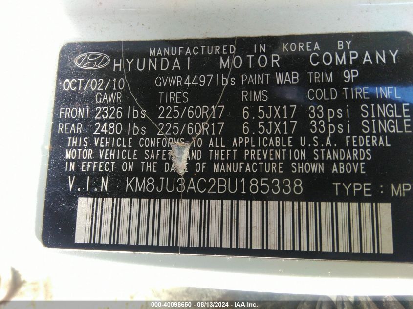 2011 Hyundai Tucson Gls VIN: KM8JU3AC2BU185338 Lot: 40098650