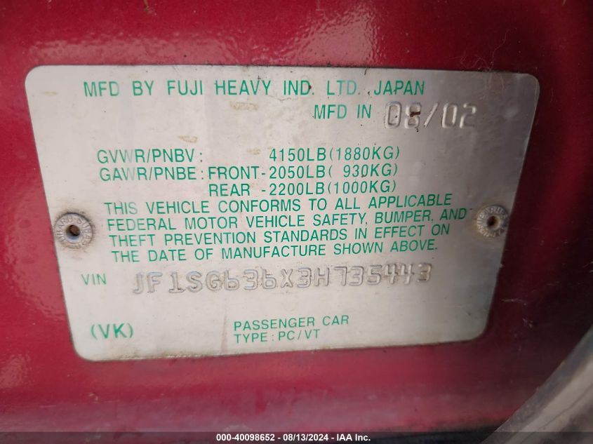 2003 Subaru Forester X VIN: JF1SG636X3H735443 Lot: 40098652