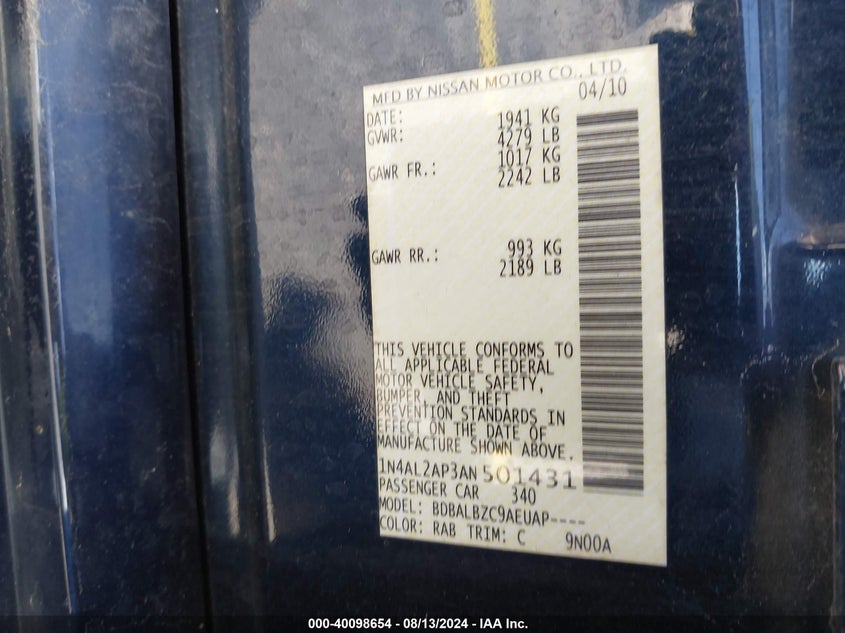 2010 Nissan Altima 2.5 S VIN: 1N4AL2AP3AN501431 Lot: 40098654