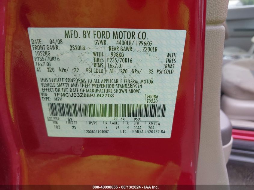 2008 Ford Escape Xlt VIN: 1FMCU03Z88KD92703 Lot: 40098655