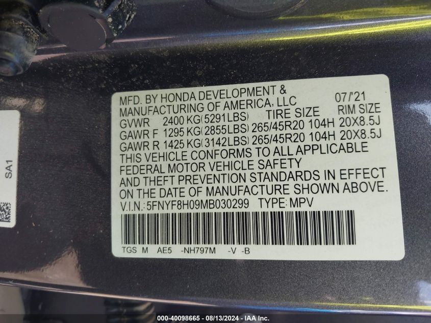 2021 Honda Passport Awd Elite VIN: 5FNYF8H09MB030299 Lot: 40098665