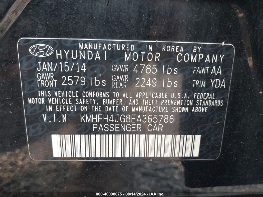 2014 Hyundai Azera Limited VIN: KMHFH4JG8EA365786 Lot: 40098675