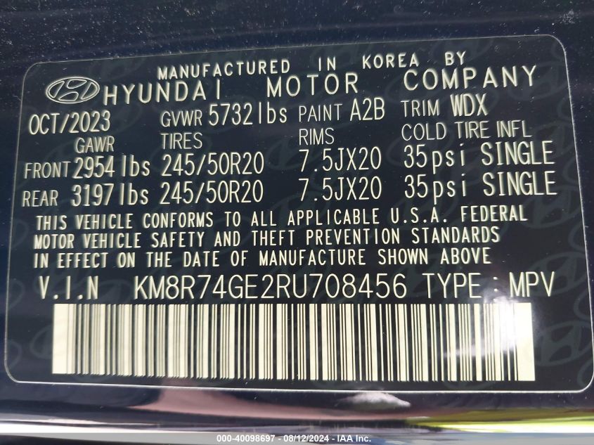 2024 Hyundai Palisade Calligraphy VIN: KM8R74GE2RU708456 Lot: 40098697