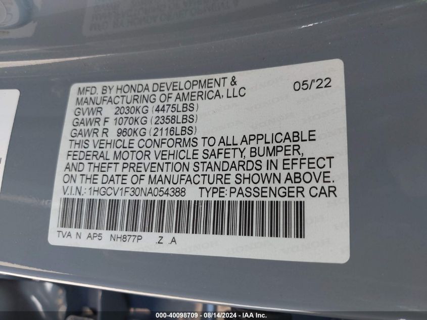 2022 Honda Accord Sport VIN: 1HGCV1F30NA054388 Lot: 40098709