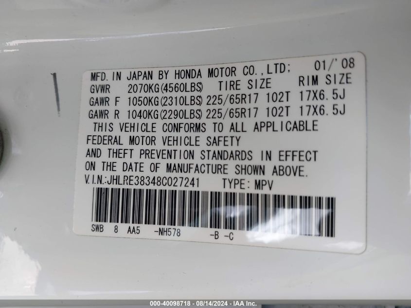 2008 Honda Cr-V Lx VIN: JHLRE38348C027241 Lot: 40098718