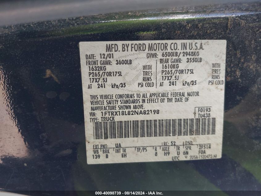 2002 Ford F-150 King Ranch/Lariat/Xl/Xlt VIN: 1FTRX18L82NA82198 Lot: 40098739