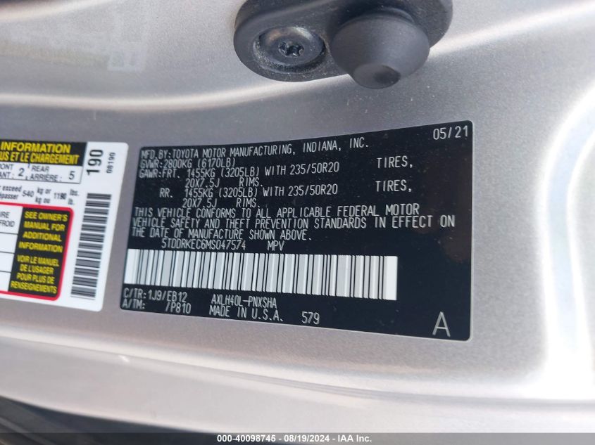 5TDDRKEC6MS047574 2021 Toyota Sienna Xse