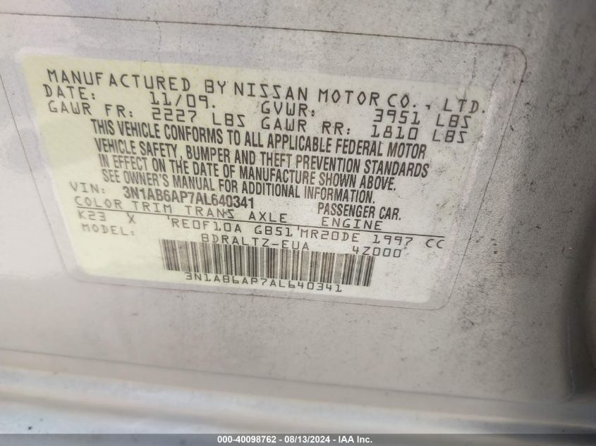 2010 Nissan Sentra 2.0/2.0S/Sr/2.0Sl VIN: 3N1AB6AP7AL640341 Lot: 40098762