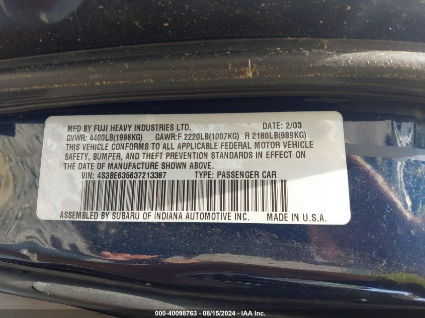 2003 Subaru Legacy L/L W/Special Edition Package VIN: 4S3BE635637213387 Lot: 40098763