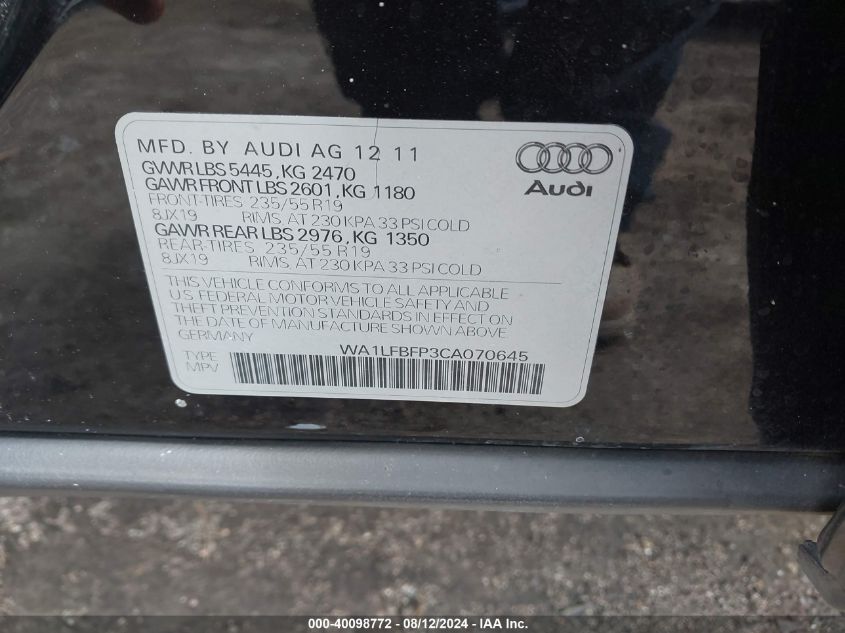 2012 Audi Q5 2.0T Premium VIN: WA1LFBFP3CA070645 Lot: 40098772