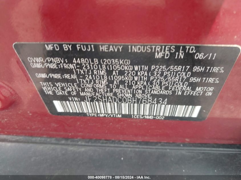 2011 Subaru Forester 2.5X Premium VIN: JF2SHADC0BH768434 Lot: 40098778
